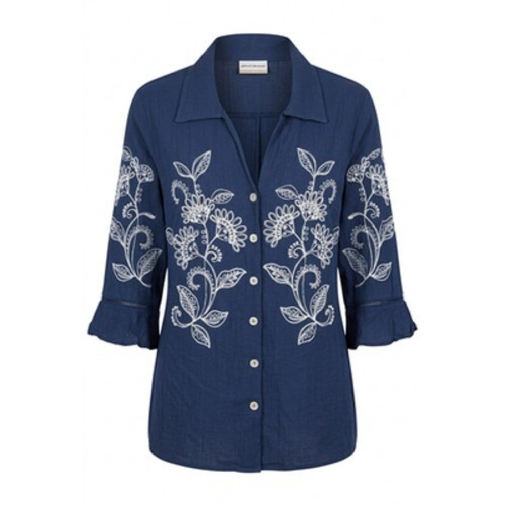 Embroidered Floral Button Tunic Top Women 1X Blue Alfred Dunner Grannycore Mom